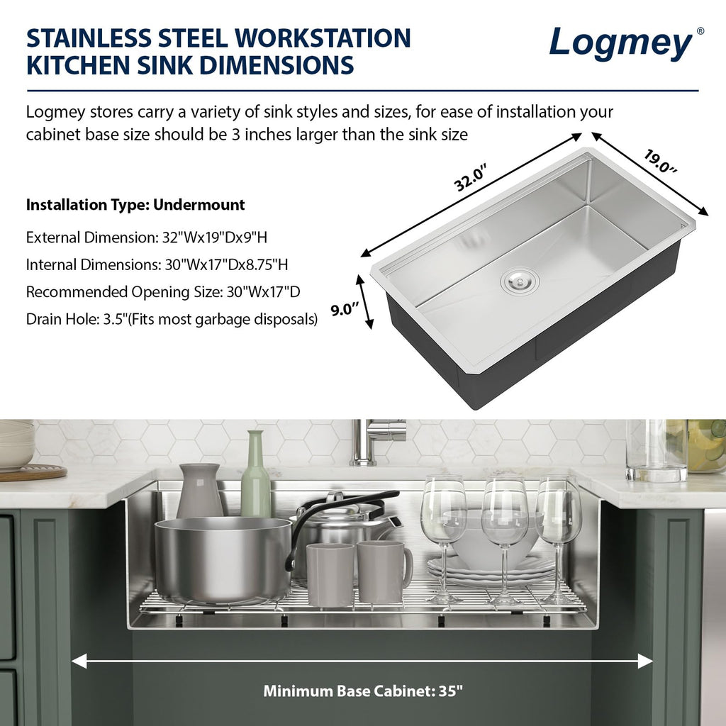 Logmey 32 x 19 Inch Undermount Single Bowl Workstation Stainless Steel Kitchen Sink