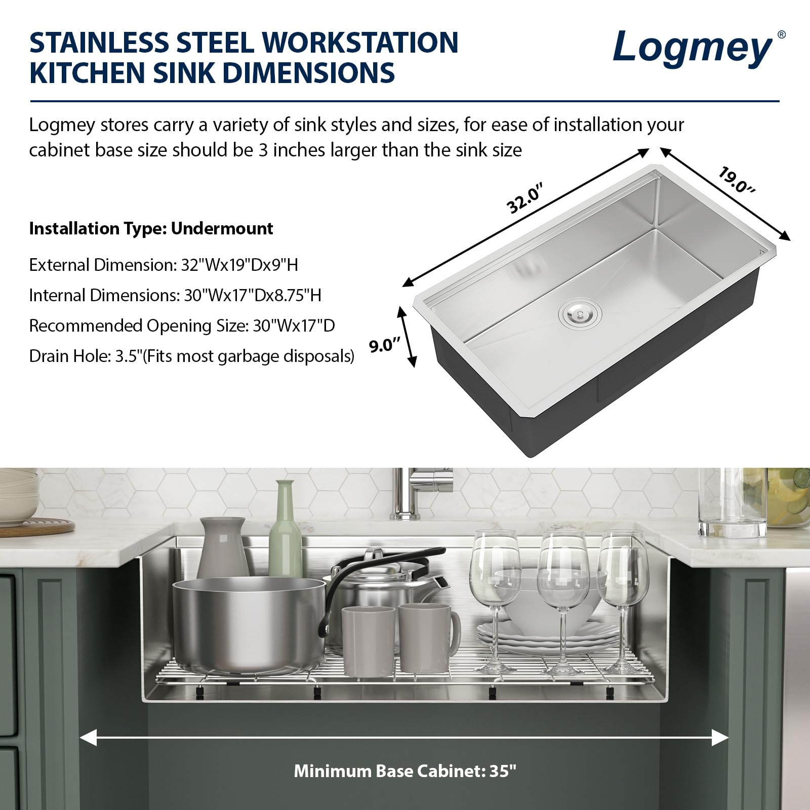 Logmey 32 x 19 Inch Undermount Single Bowl Workstation Stainless Steel Kitchen Sink