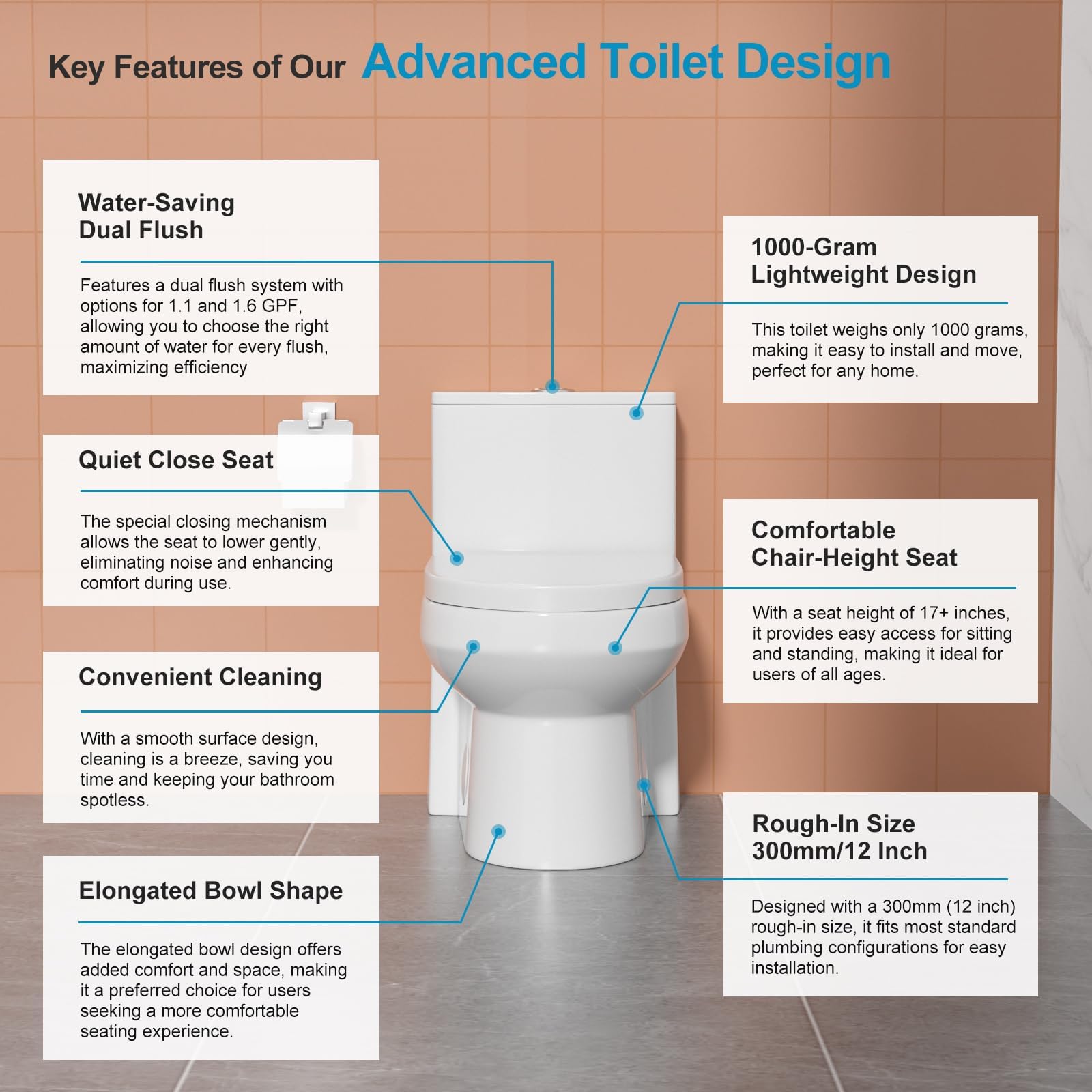 Logmey Elongated One Piece Toilet - White Siphonic Comfort Height