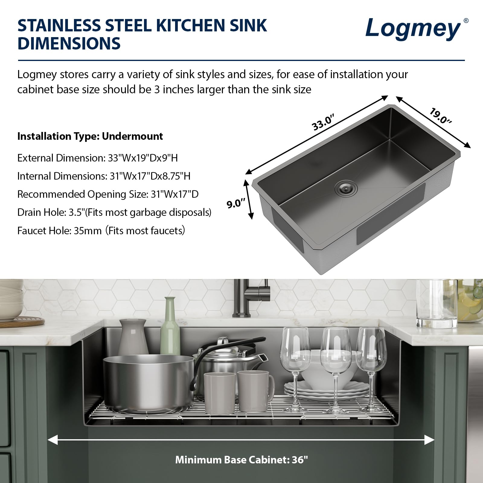 Logmey 33'' Kitchen Sink - Undermount Single Bowl - Gunmetal Black Stainless Steel
