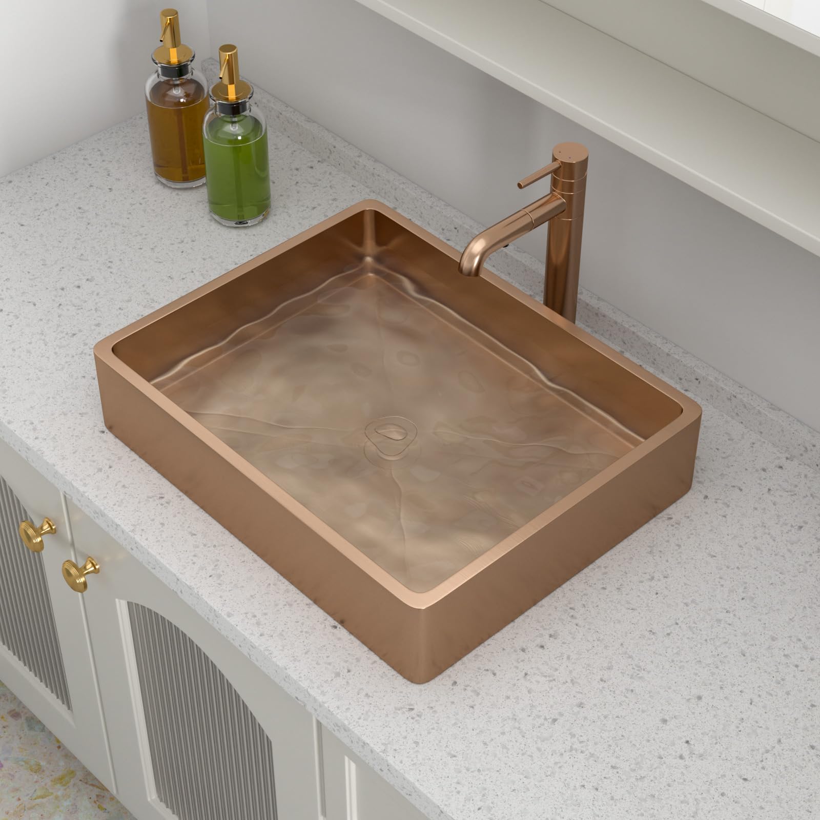 Logmey 19x15 Inch Rose Gold Above Counter Stainless Steel Bathroom Vessel Sink with Drainer