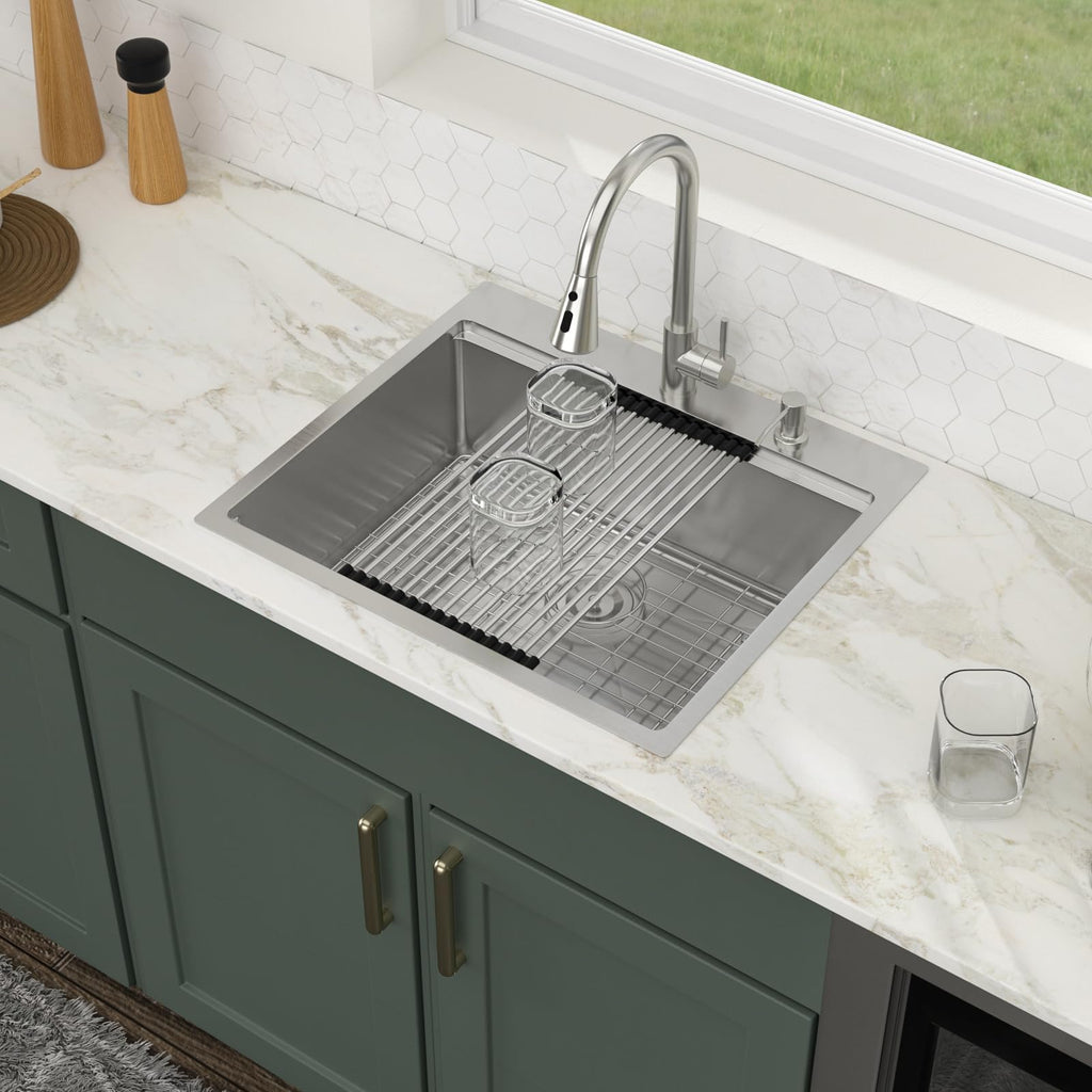 Logmey 25'' Workstation Kitchen Sink - Drop-In Single Bowl with Pull-out Faucet - Silver Stainless Steel