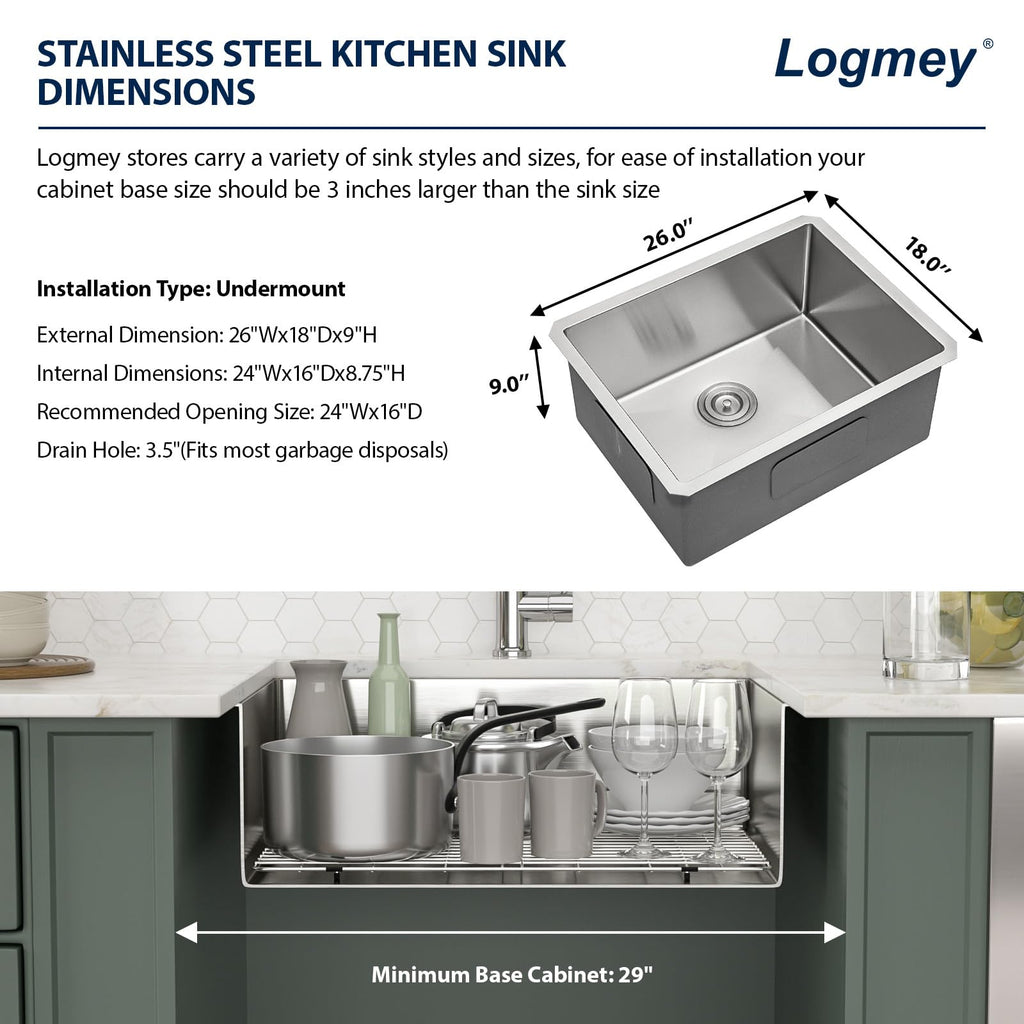 Logmey 27'' Kitchen Sink - Undermount Single Bowl - Silver Stainless Steel