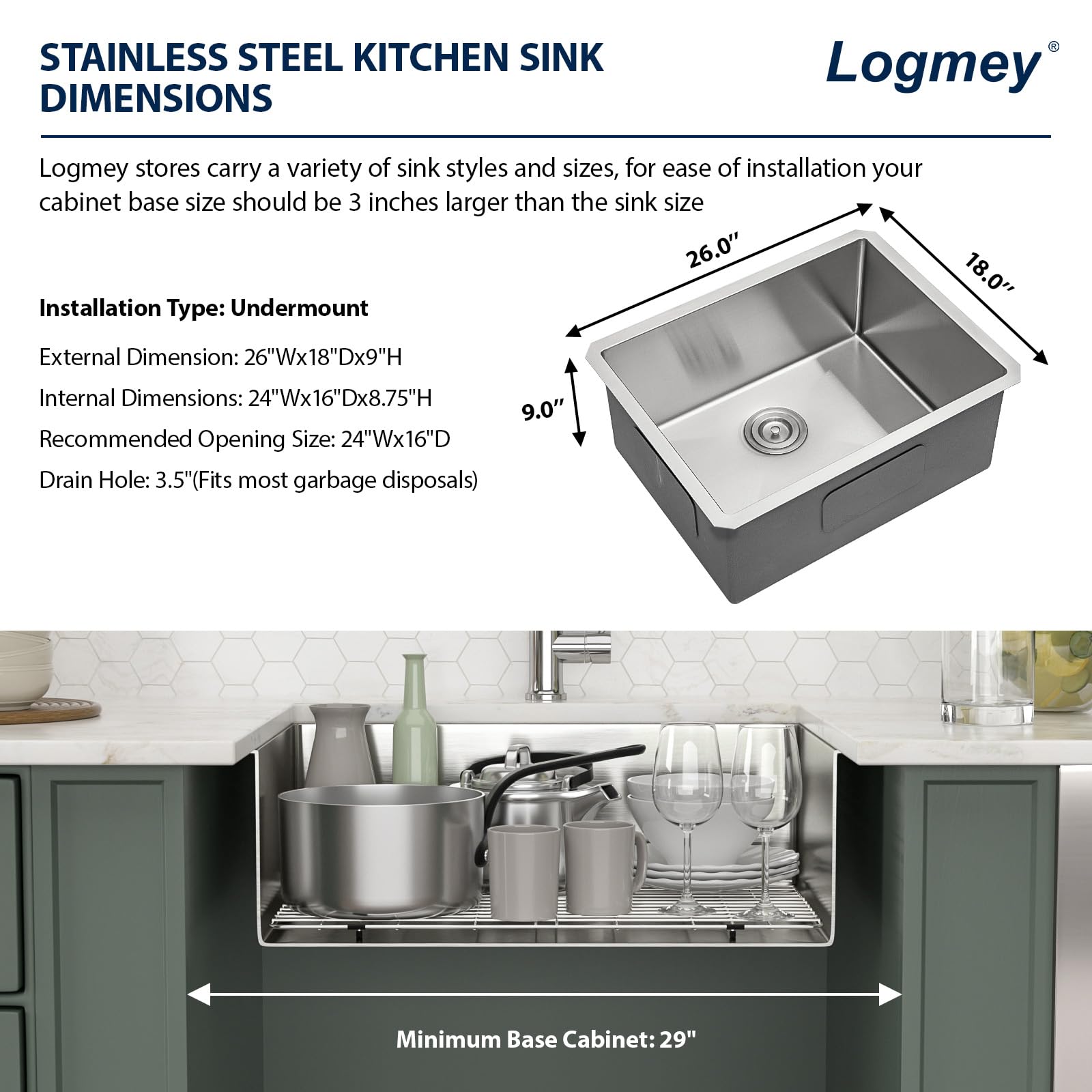 Logmey 27'' Kitchen Sink - Undermount Single Bowl - Silver Stainless Steel