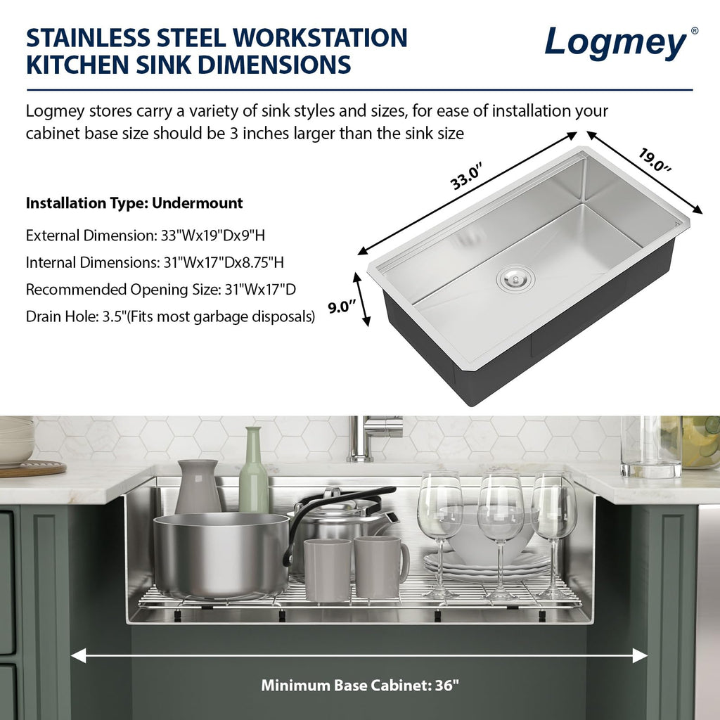 Logmey 33x19 Inch Undermount Workstation Single Bowl Stainless Steel Kitchen Sink