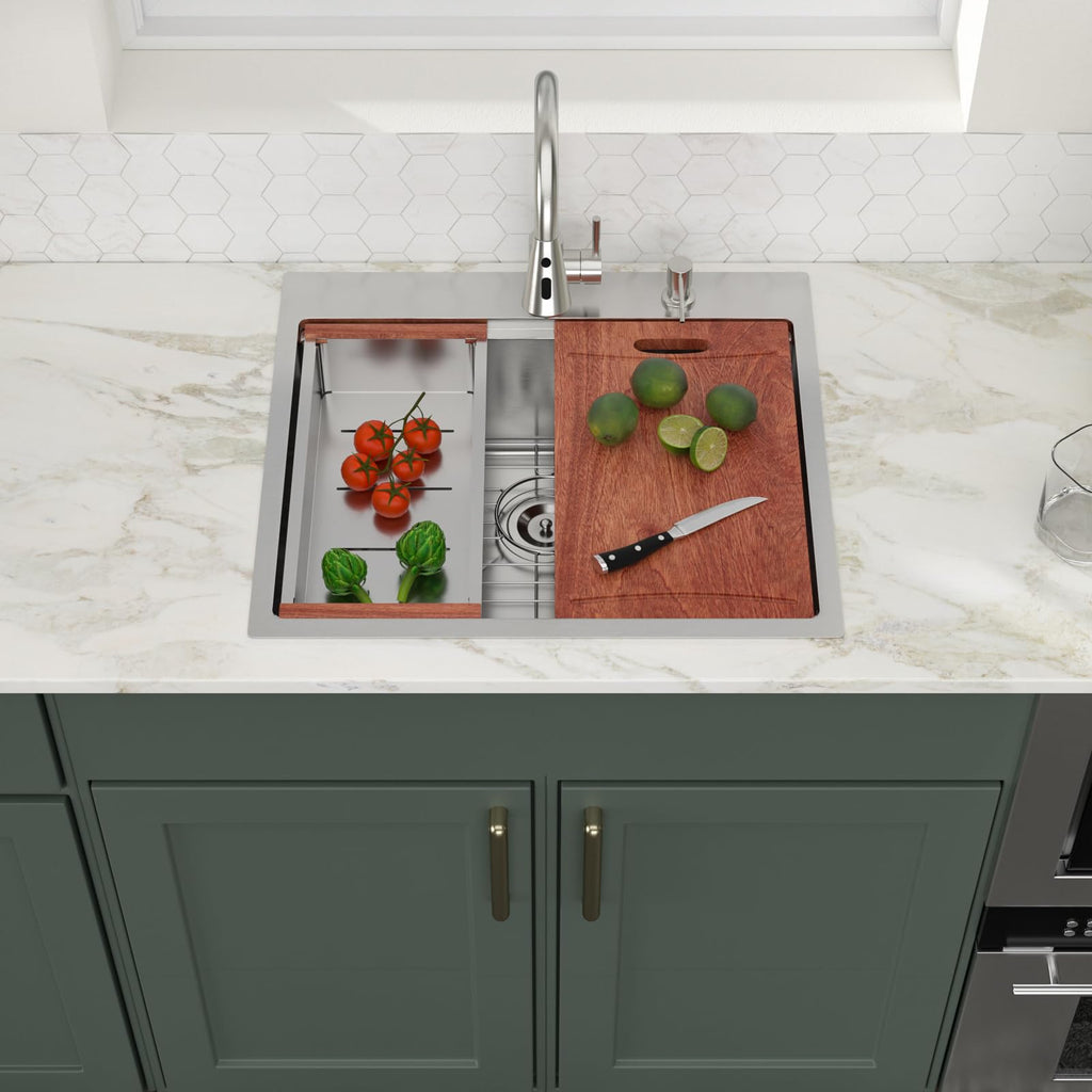 Logmey 25'' Workstation Kitchen Sink - Drop-In Single Bowl with Pull-out Faucet - Silver Stainless Steel