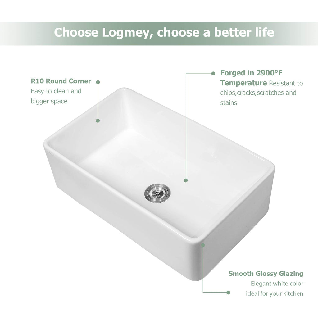 Logmey 30'' Farmhouse Sink - Apron Front Single Bowl - White Fireclay Ceramic
