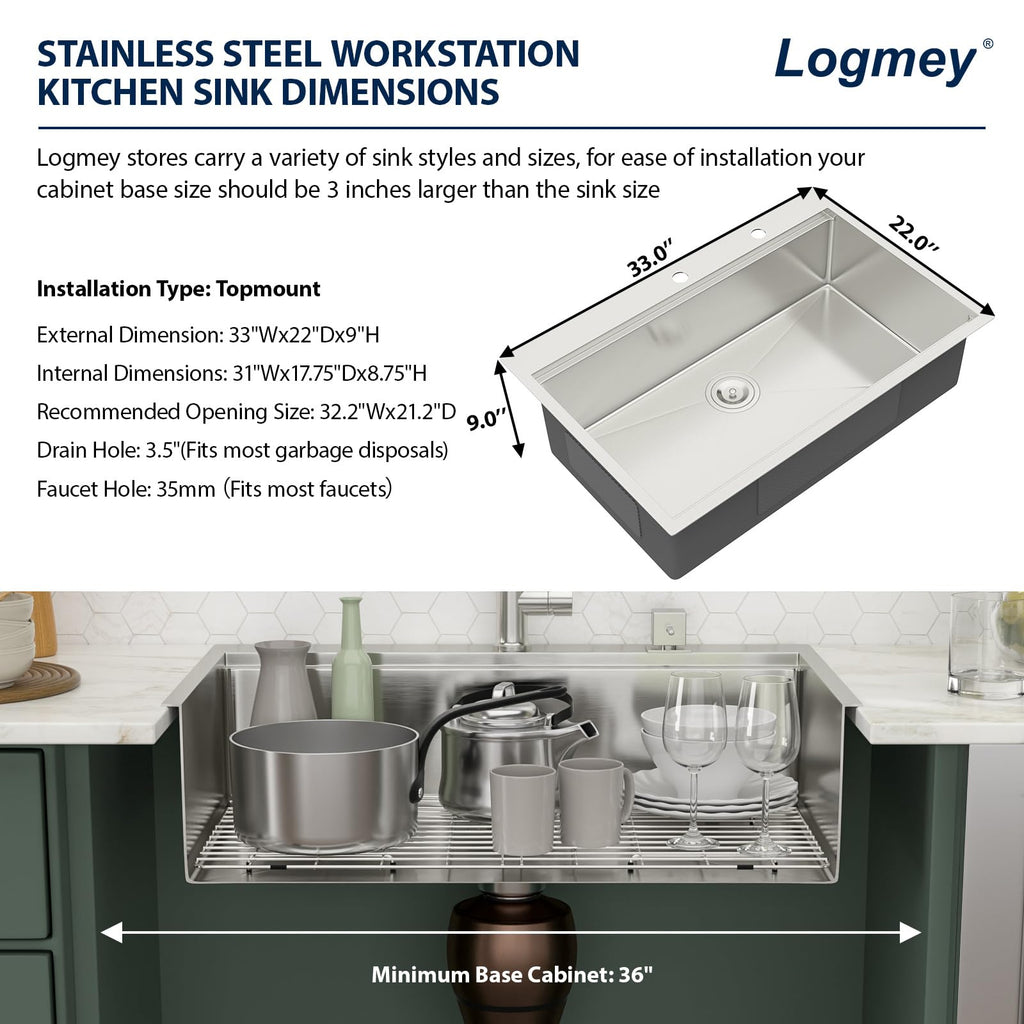 Logmey 33'' All-in-One Workstation Sink - Drop-In Single Bowl Noise Reduction - Silver Stainless Steel