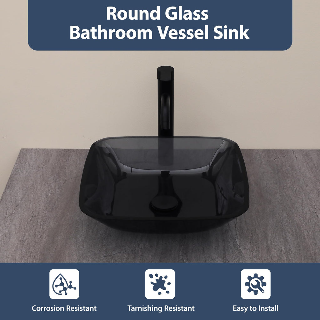 Logmey 16'' Bathroom Vessel Sink - Square Countertop Single Bowl with Drain & Vanity Top - Gray Tempered Glass