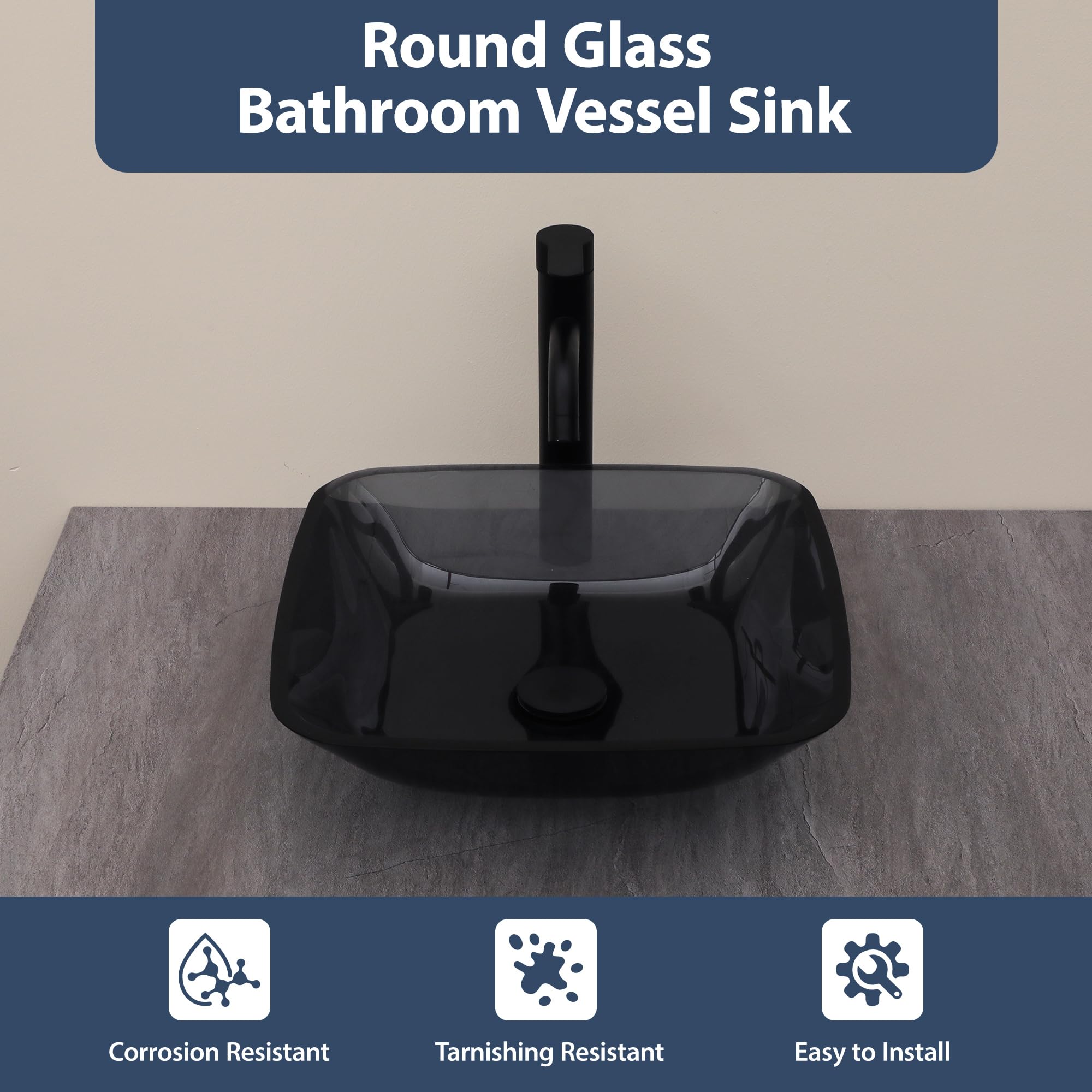 Logmey 16'' Bathroom Vessel Sink - Square Countertop Single Bowl with Drain & Vanity Top - Gray Tempered Glass