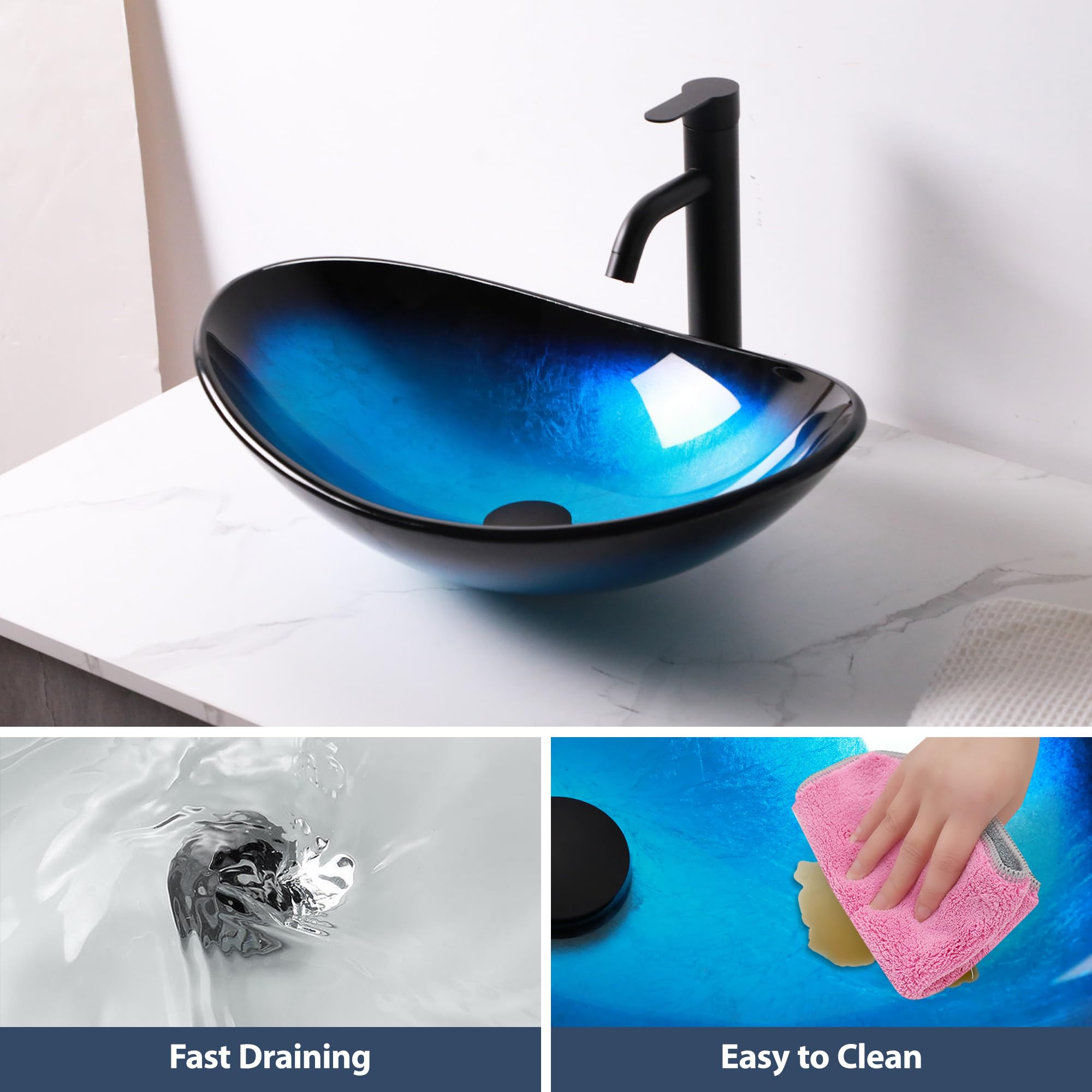 Logmey 21'' Bathroom Vessel Sink - Oval Countertop Single Bowl with Drain - Blue Tempered Glass