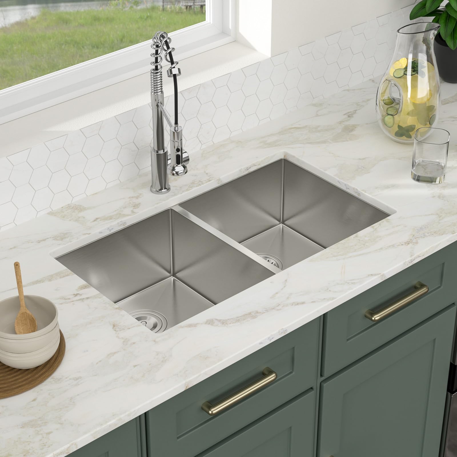 Logmey 33''x19'' Kitchen Sink - Undermount Double Bowl - Silver Stainless Steel