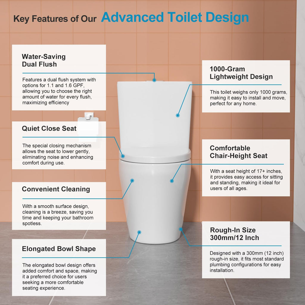 Logmey Elongated One Piece Toilet - White Quiet Siphonic Dual Flush