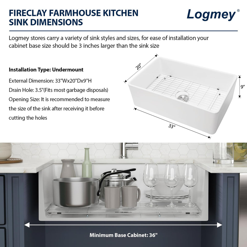 Logmey 33''x20'' Farmhouse Sink - Apron Front Single Bowl - White Fireclay Ceramic