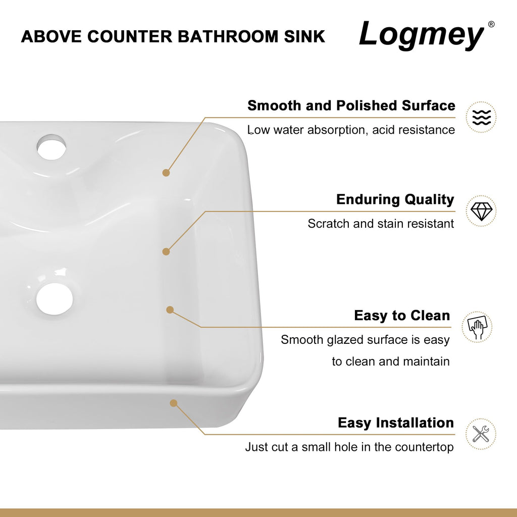 Logmey 19''x15'' Bathroom Sink - Above Counter Vessel Single Bowl - White Porcelain Ceramic