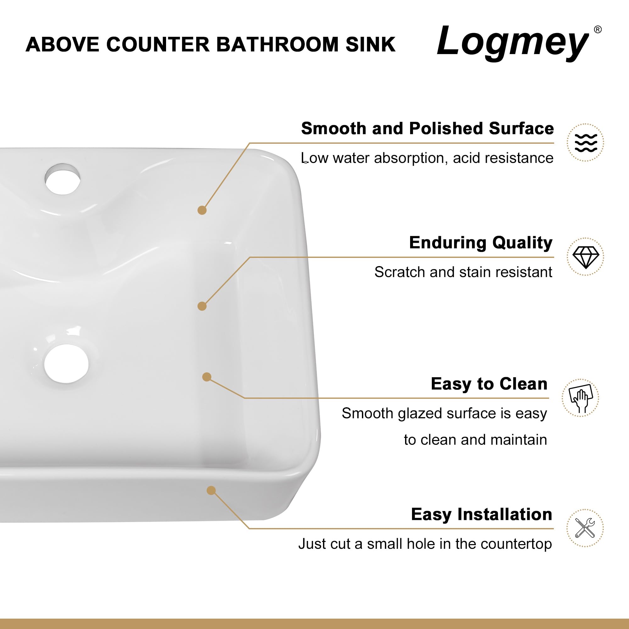 Logmey 19''x15'' Bathroom Sink - Above Counter Vessel Single Bowl - White Porcelain Ceramic