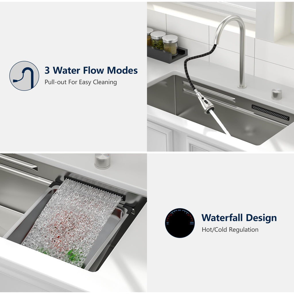 Logmey 33'' Waterfall Kitchen Sink - Undermount Single Bowl with Pull-out Faucet & Control Knob - Silver Stainless Steel