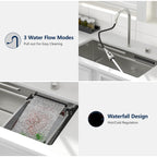 Logmey 33'' Waterfall Kitchen Sink - Undermount Single Bowl with Pull-out Faucet & Control Knob - Silver Stainless Steel