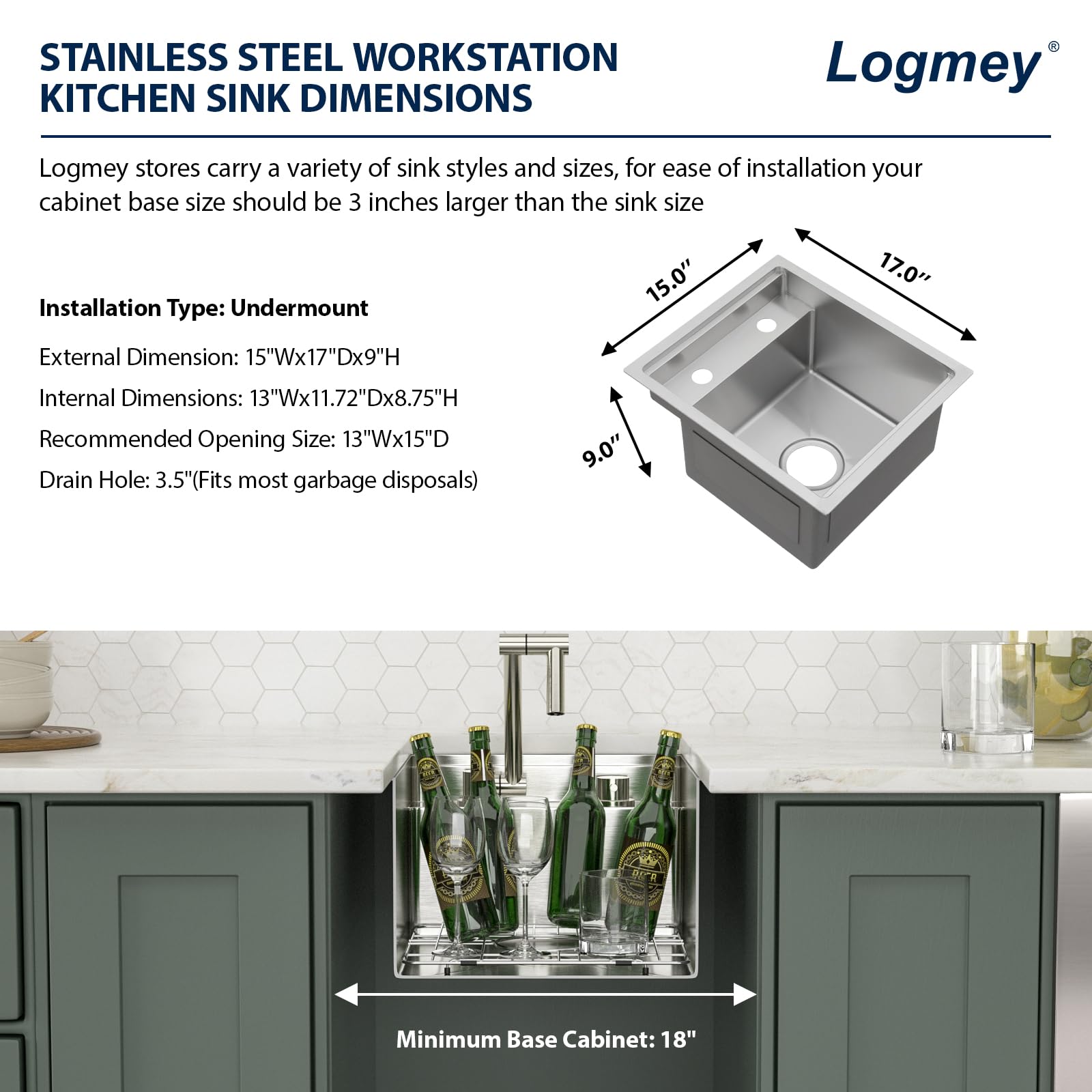 Logmey15x17 Inch Undermount Single Bowl Stainless Steel Bar Sink with Foldable Faucet and Cover
