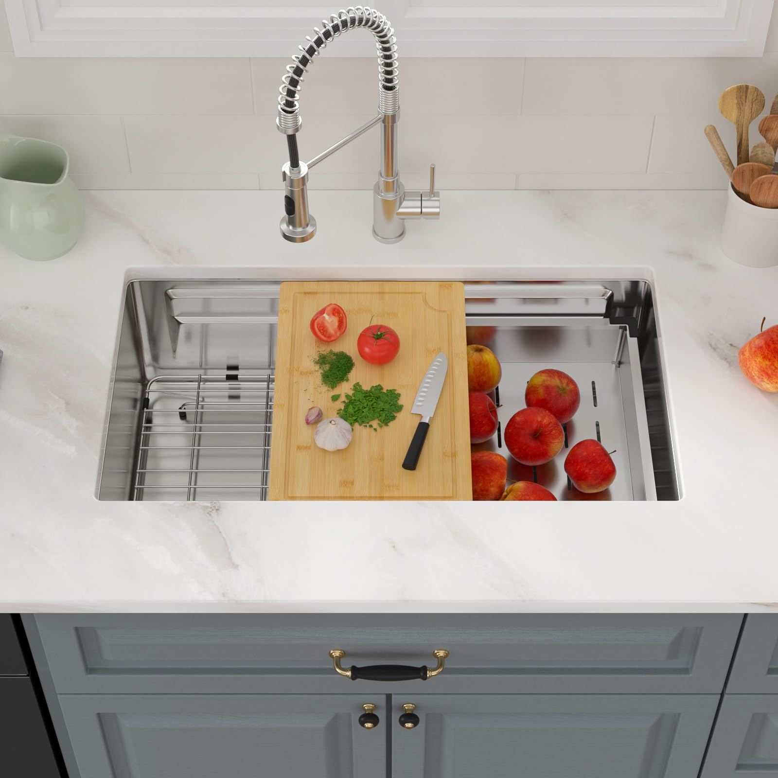 Logmey 33'' Workstation Kitchen Sink - Undermount Single Bowl Two-Tier Ledge - Silver Stainless Steel