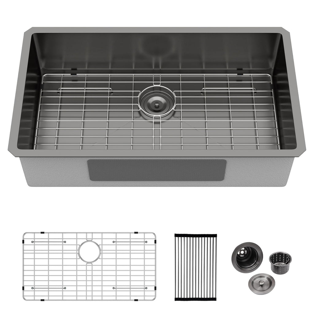 Logmey 33x19 Inch Single Bowl Undermount Gunmetal Black Stainless Steel Kitchen Sink