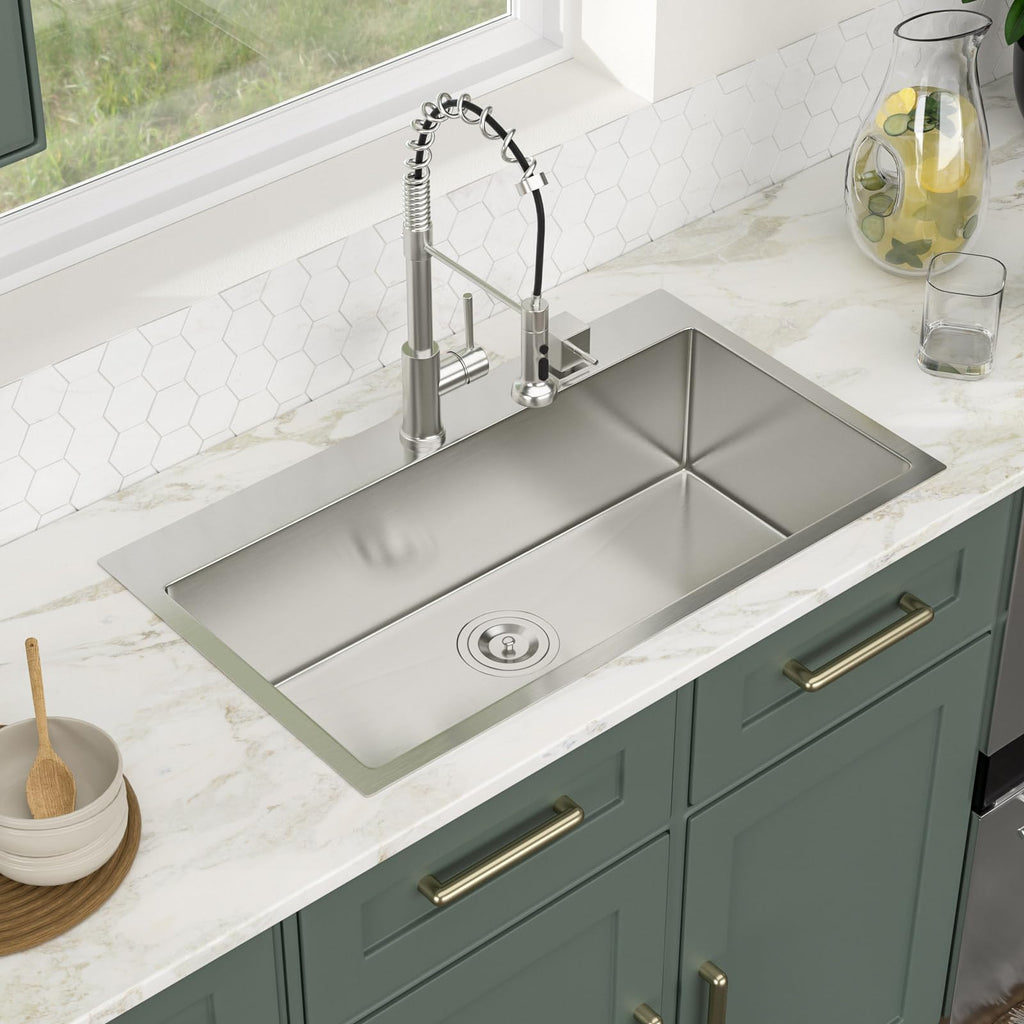Logmey 33'' Kitchen Sink - Drop-In Round Corner Single Bowl - Silver Stainless Steel
