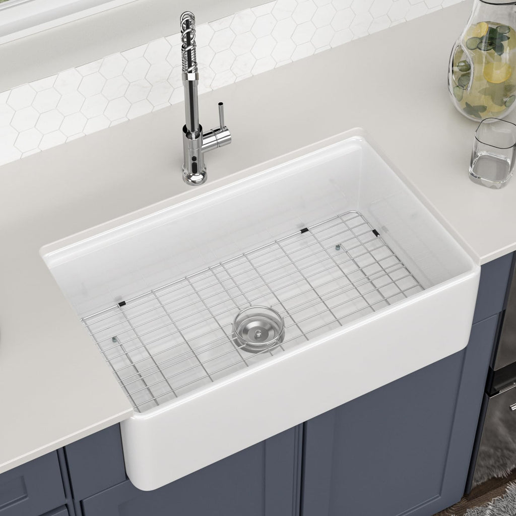 Logmey 33 Inch White Workstation Single Bowl Apron Front Fireclay Ceramic Farmhouse Sink