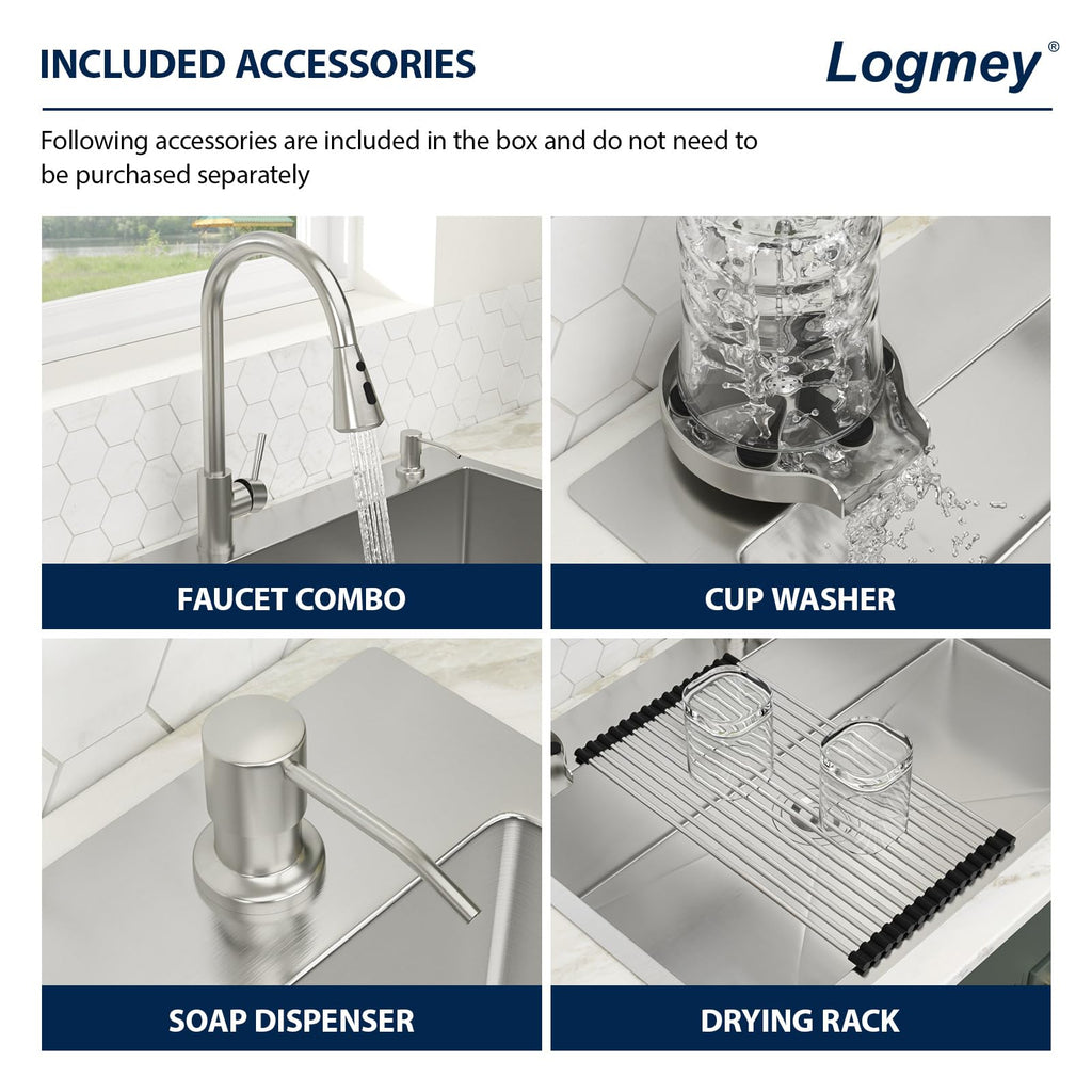 Logmey 30'' Kitchen Sink - Drop-In Single Bowl with Faucet & Cup Washer - Silver Stainless Steel
