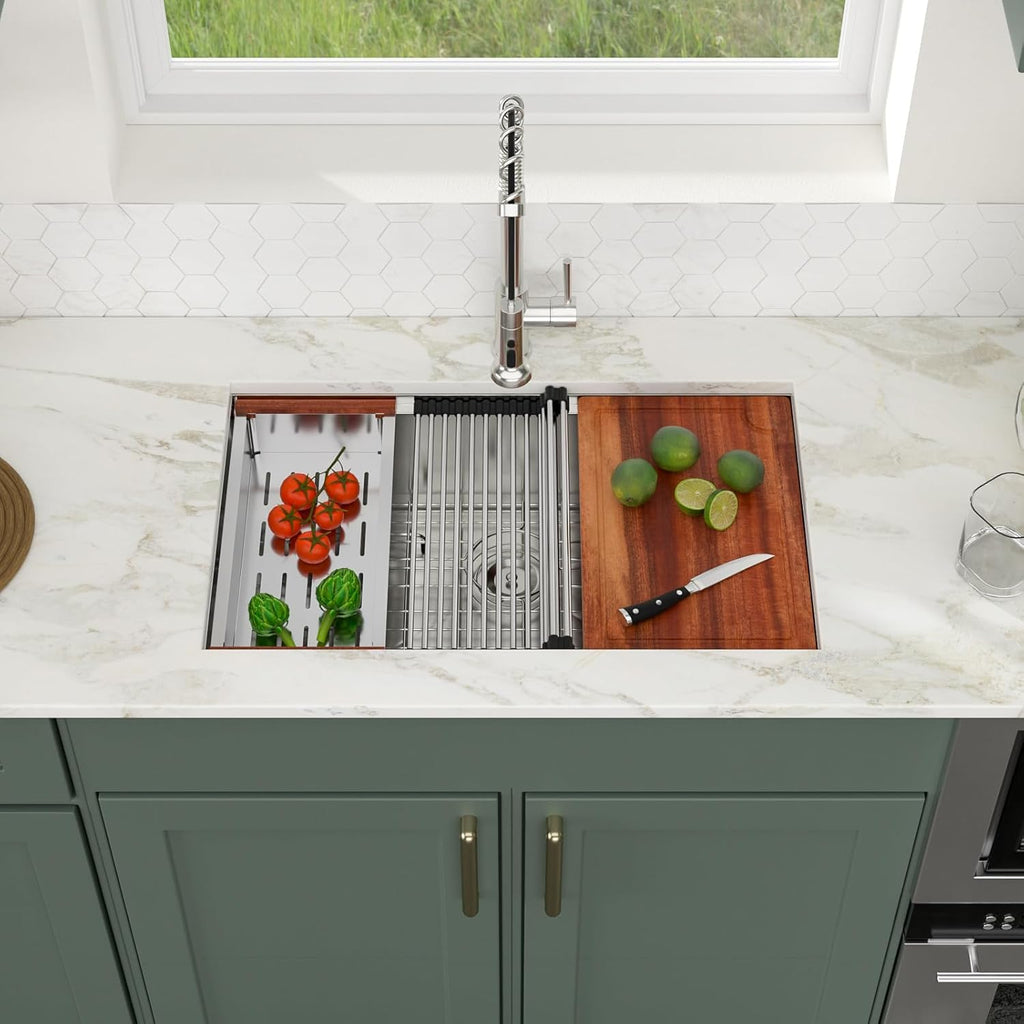 Logmey 30'' Workstation Kitchen Sink - Undermount Single Bowl with Accessories - Silver Stainless Steel