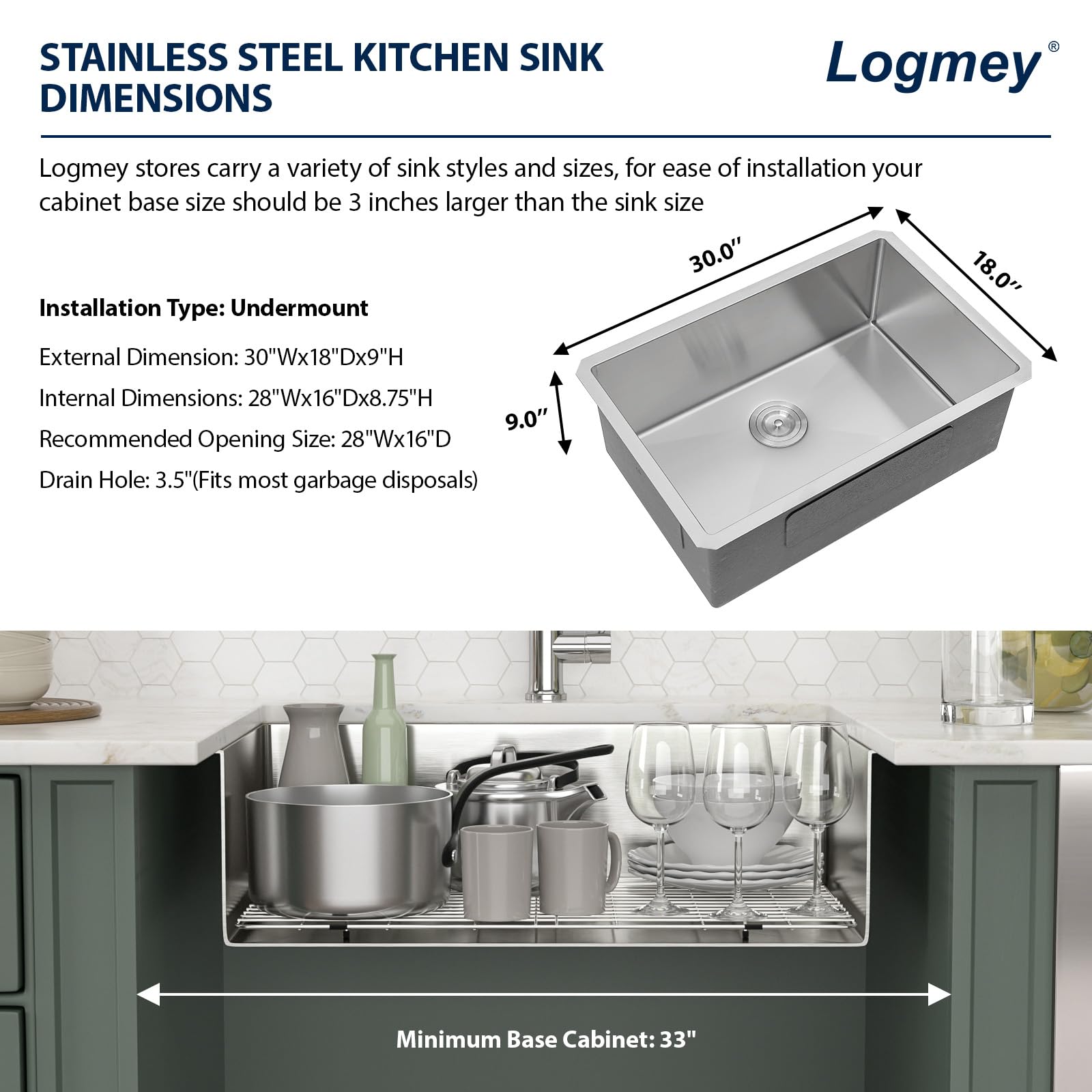 Logmey 30''x18'' Kitchen Sink - Undermount Single Bowl - Silver Stainless Steel