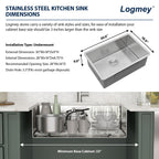 Logmey 30'' Kitchen Sink - Undermount Round Corner Single Bowl - Silver Stainless Steel