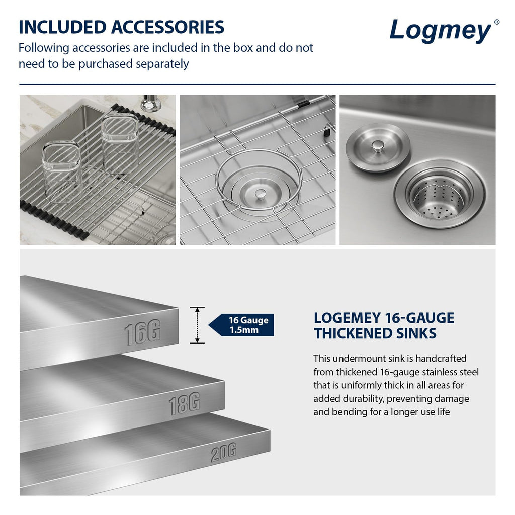 Logmey 36'' Kitchen Sink - Undermount Single Bowl with Assembly Parts - Silver Stainless Steel