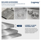 Logmey 33'' Kitchen Sink - Drop-In Single Bowl R10 Round Corner - Silver Stainless Steel