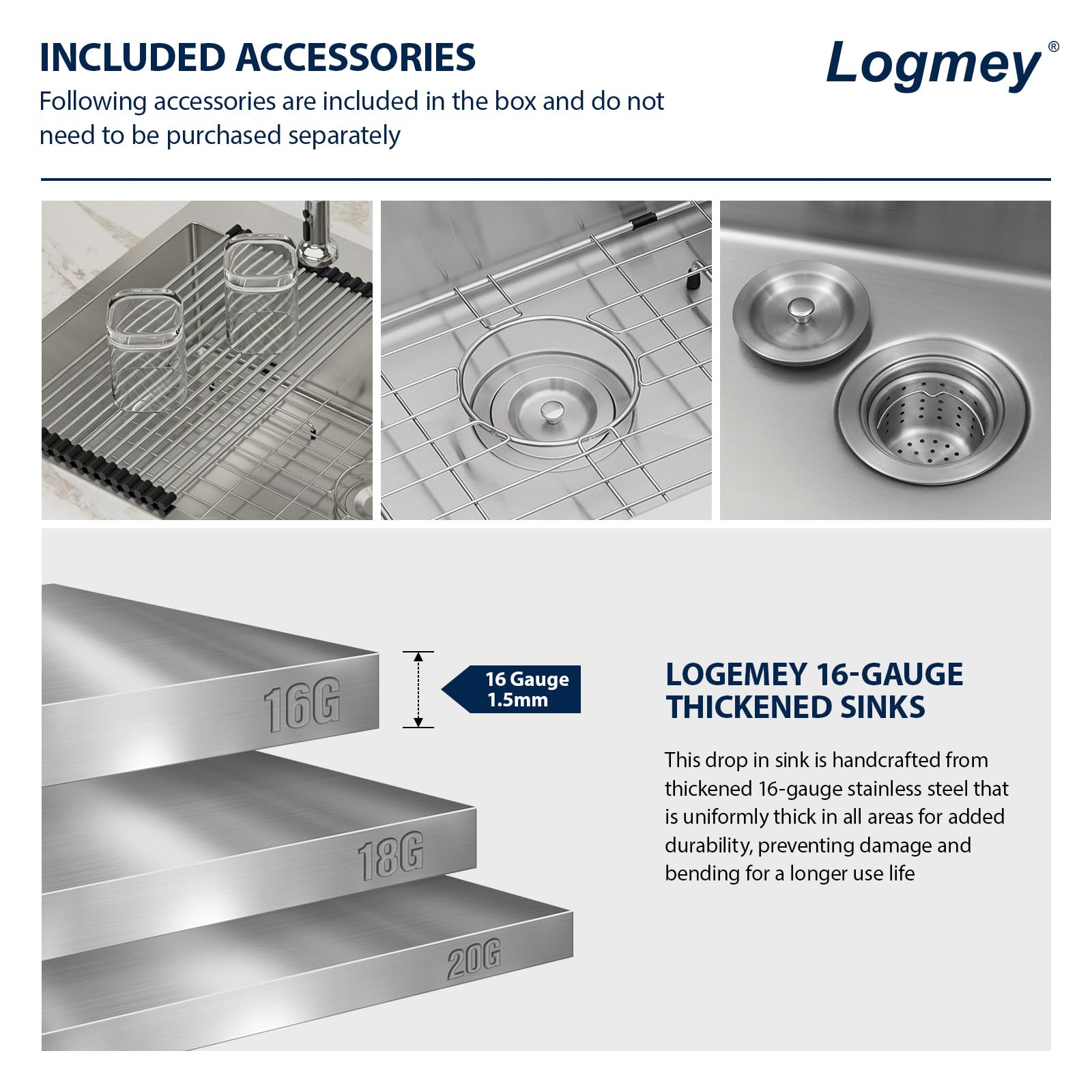 Logmey 33'' Kitchen Sink - Drop-In Single Bowl R10 Round Corner - Silver Stainless Steel