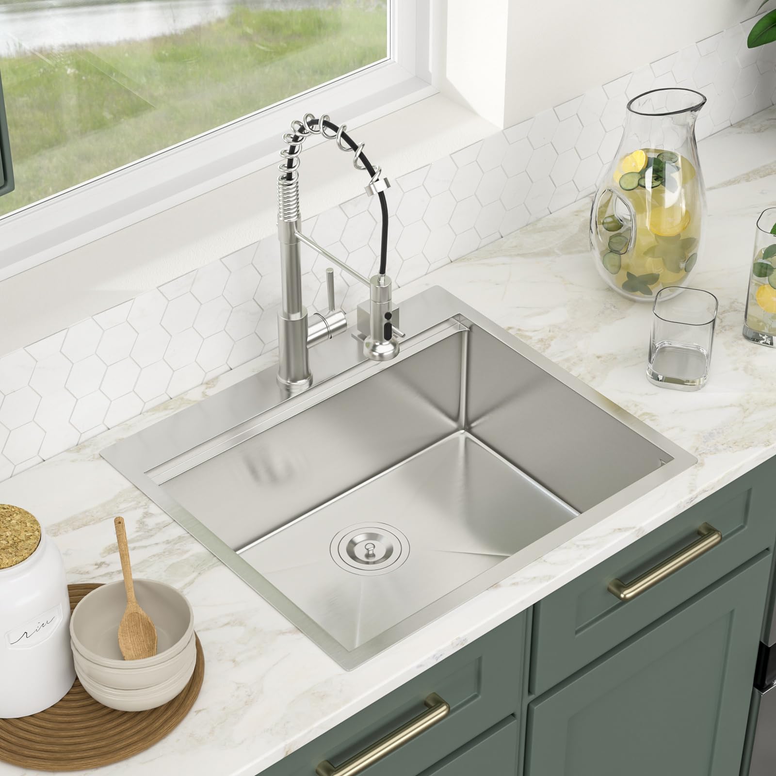 Logmey 25'' Workstation Bar Sink - Drop-In Single Bowl - Silver Stainless Steel
