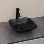 Logmey 16'' Bathroom Vessel Sink - Square Countertop Single Bowl with Drain & Vanity Top - Gray Tempered Glass