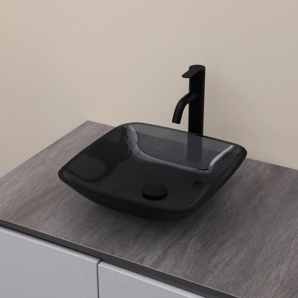 Logmey 16'' Bathroom Vessel Sink - Square Countertop Single Bowl with Drain & Vanity Top - Gray Tempered Glass