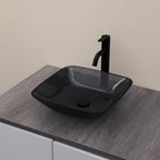 Logmey 16'' Bathroom Vessel Sink - Square Countertop Single Bowl with Drain & Vanity Top - Gray Tempered Glass