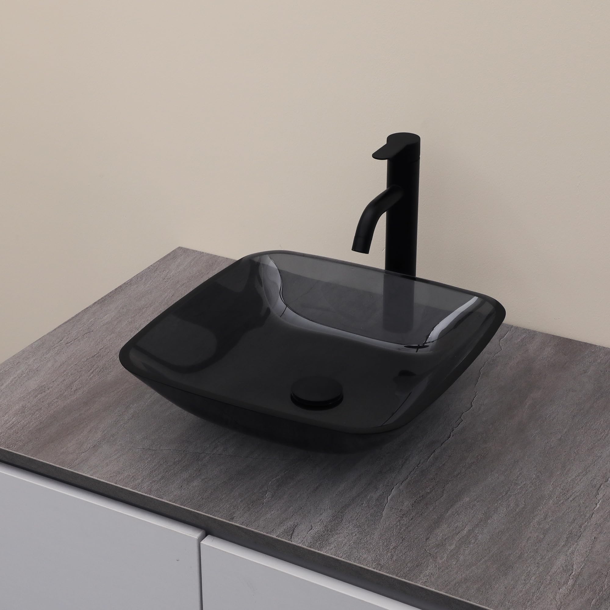Logmey 16'' Bathroom Vessel Sink - Square Countertop Single Bowl with Drain & Vanity Top - Gray Tempered Glass