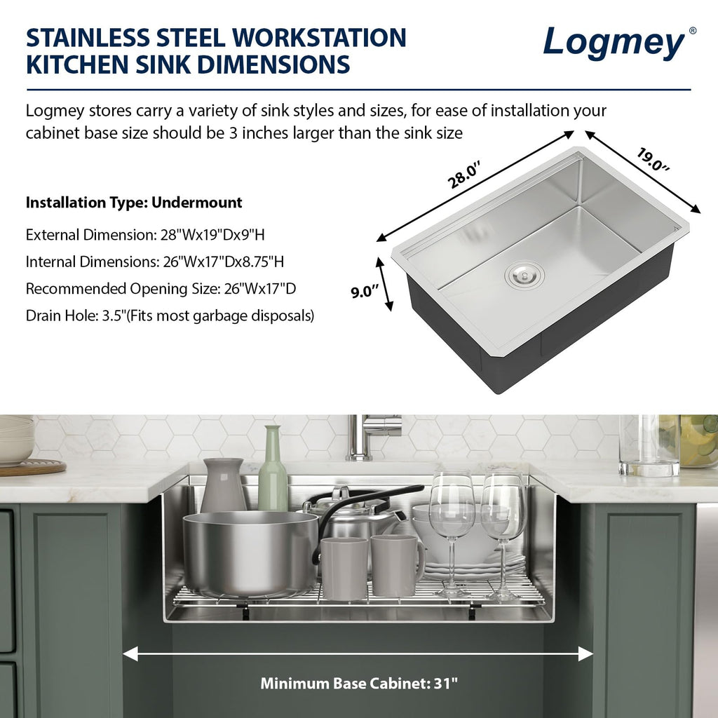 Logmey 28'' Workstation Kitchen Sink - Undermount Single Bowl with Accessories - Silver Stainless Steel