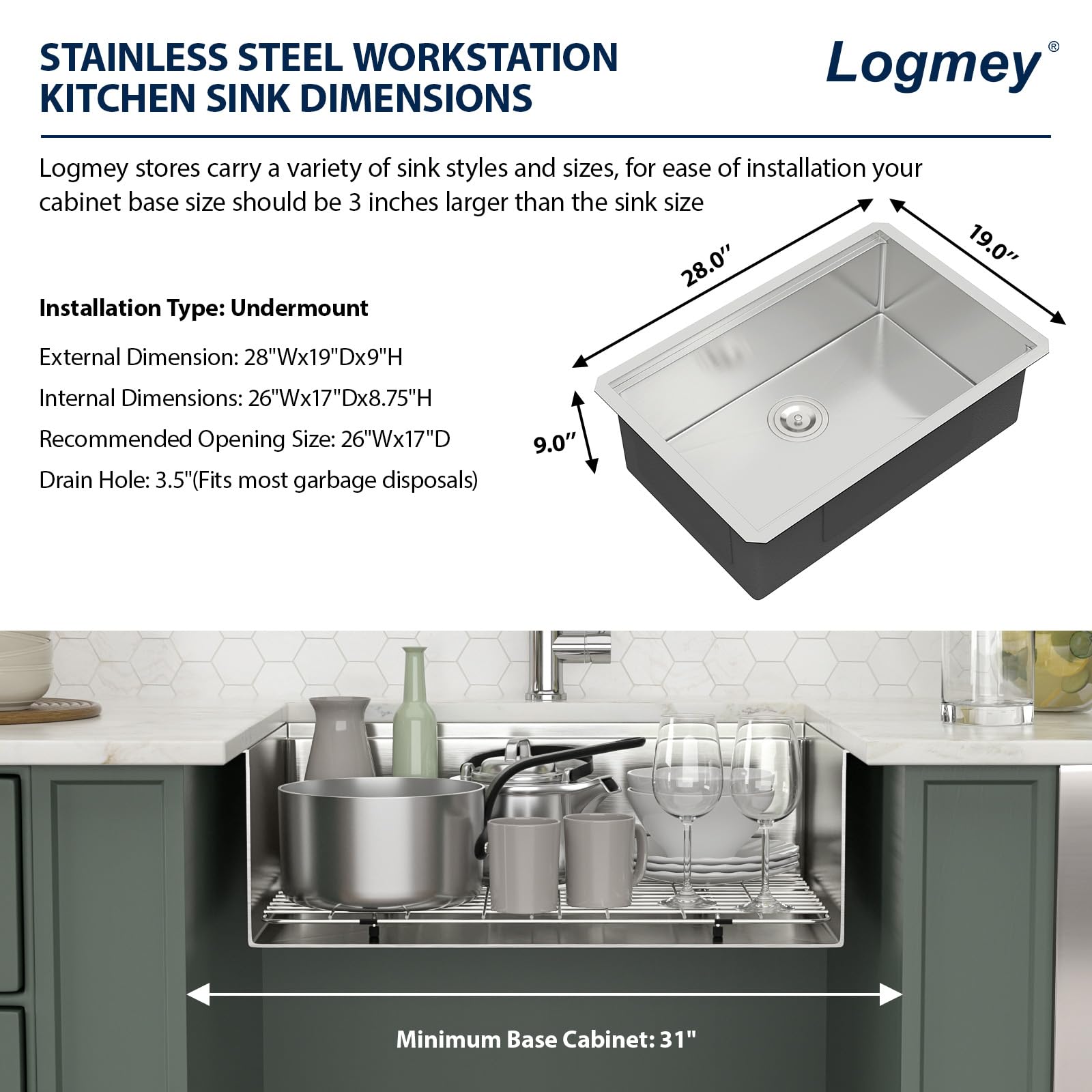 Logmey 28'' Workstation Kitchen Sink - Undermount Single Bowl with Accessories - Silver Stainless Steel