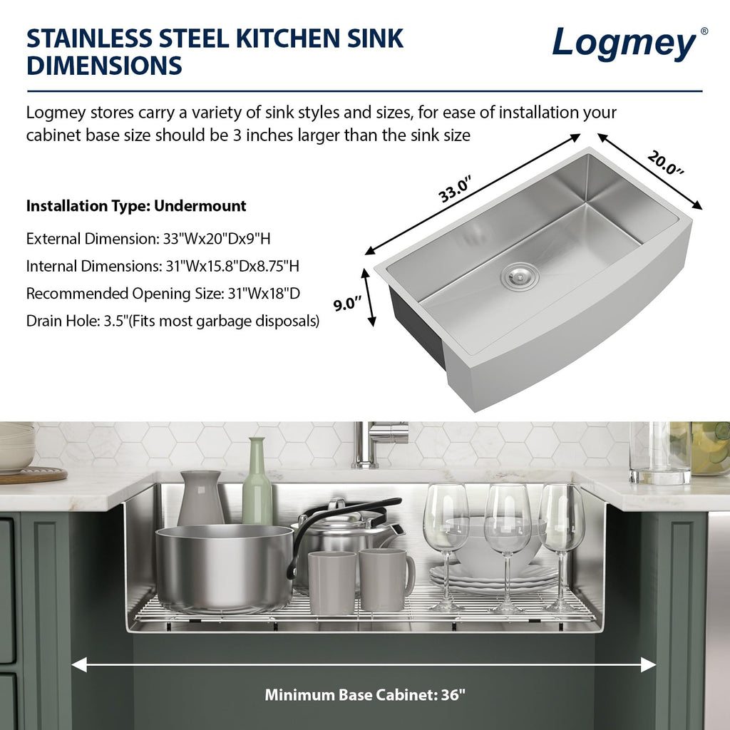 Logmey 33''x20'' Farmhouse Sink - Apron Front Single Bowl - Silver Stainless Steel
