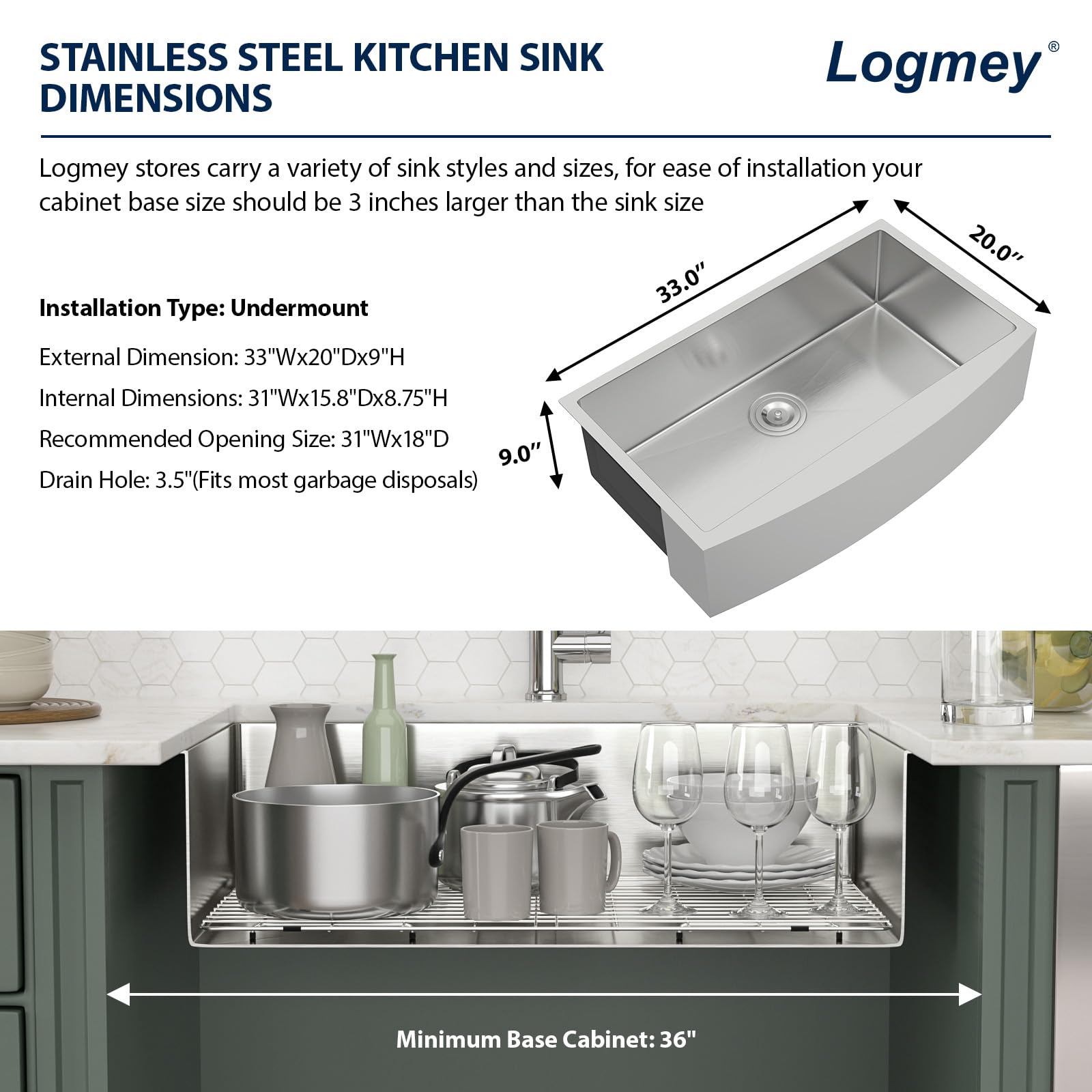 Logmey 33''x20'' Farmhouse Sink - Apron Front Single Bowl - Silver Stainless Steel