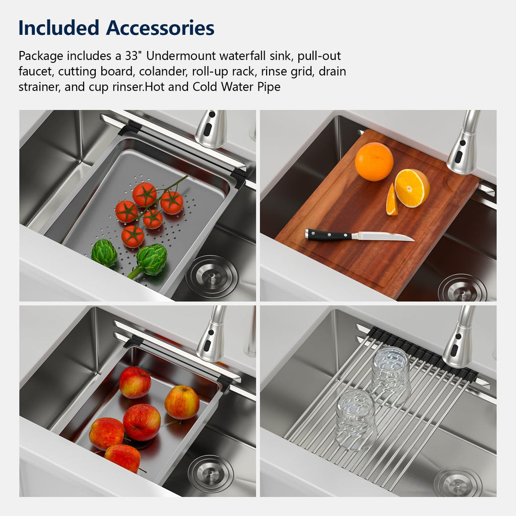 Logmey 33'' Waterfall Kitchen Sink - Undermount Single Bowl with Pull-out Faucet & Control Knob - Silver Stainless Steel