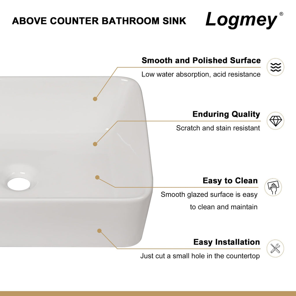 Logmey 19''x15'' Bathroom Sink - Rectangular Above Counter Vessel Single Bowl - White Porcelain Ceramic