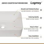 Logmey 19''x15'' Bathroom Sink - Rectangular Above Counter Vessel Single Bowl - White Porcelain Ceramic