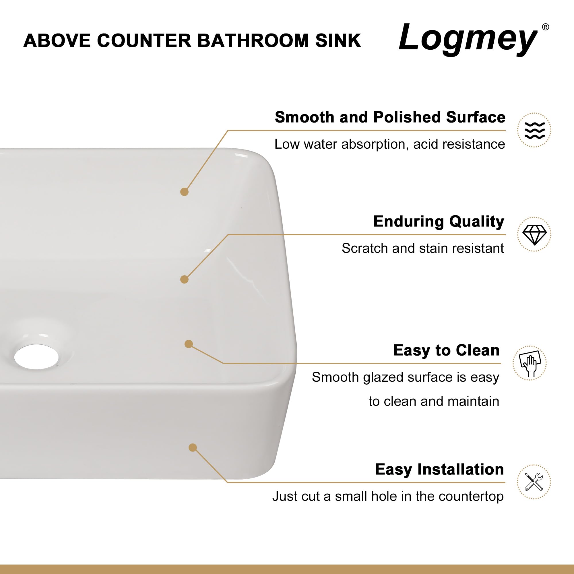 Logmey 19''x15'' Bathroom Sink - Rectangular Above Counter Vessel Single Bowl - White Porcelain Ceramic