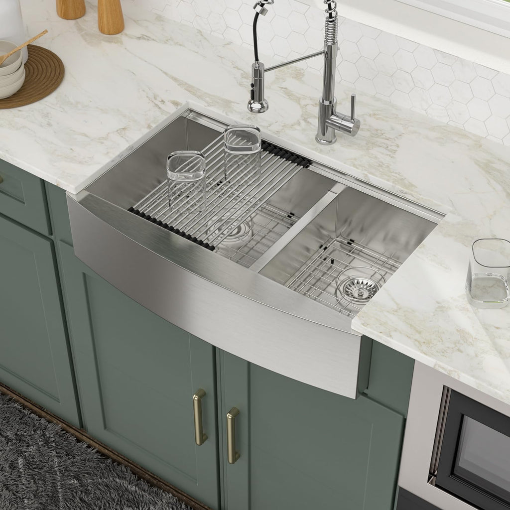 Logmey 33'' Workstation Farmhouse Sink - Apron Front 60/40 Low Divide Double Bowl - Silver Stainless Steel