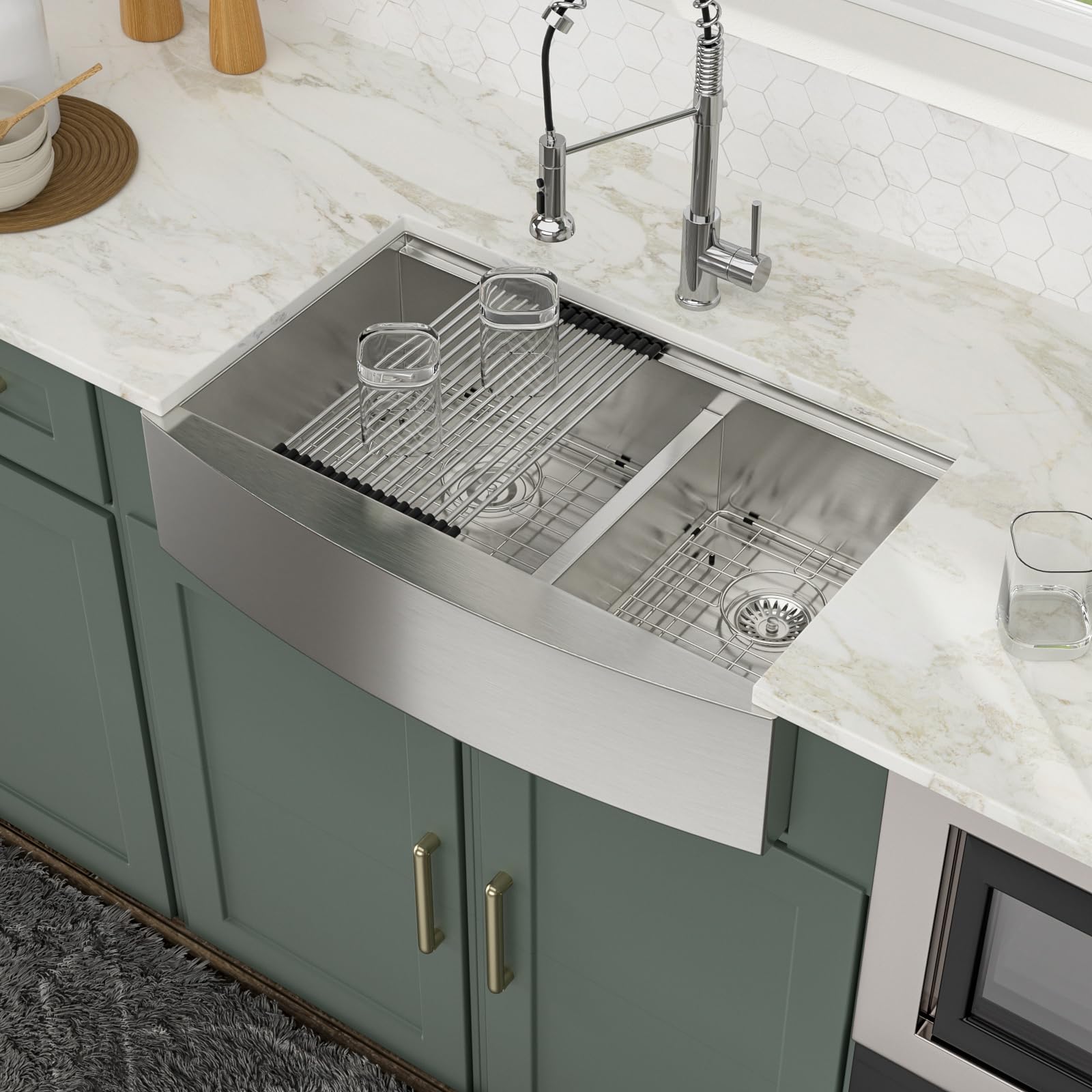 Logmey 33'' Workstation Farmhouse Sink - Apron Front 60/40 Low Divide Double Bowl - Silver Stainless Steel