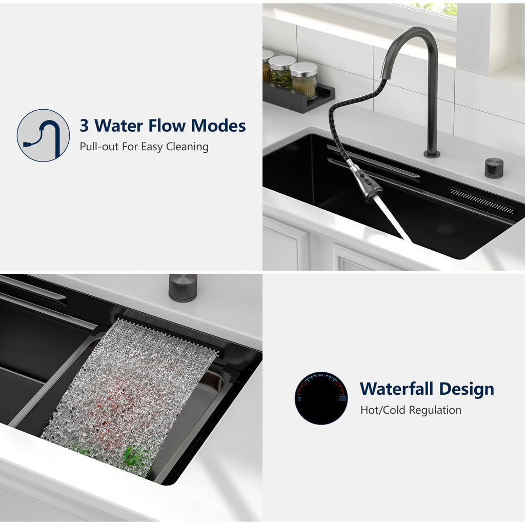 Logmey 33'' Double Step Waterfall Workstation Sink - Undermount Single Bowl with Faucet - Gunmetal Black NANO-PVD Stainless Steel